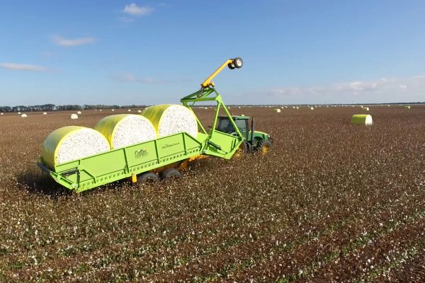 Bale Runner in the Field about to pick up Cotton Bale